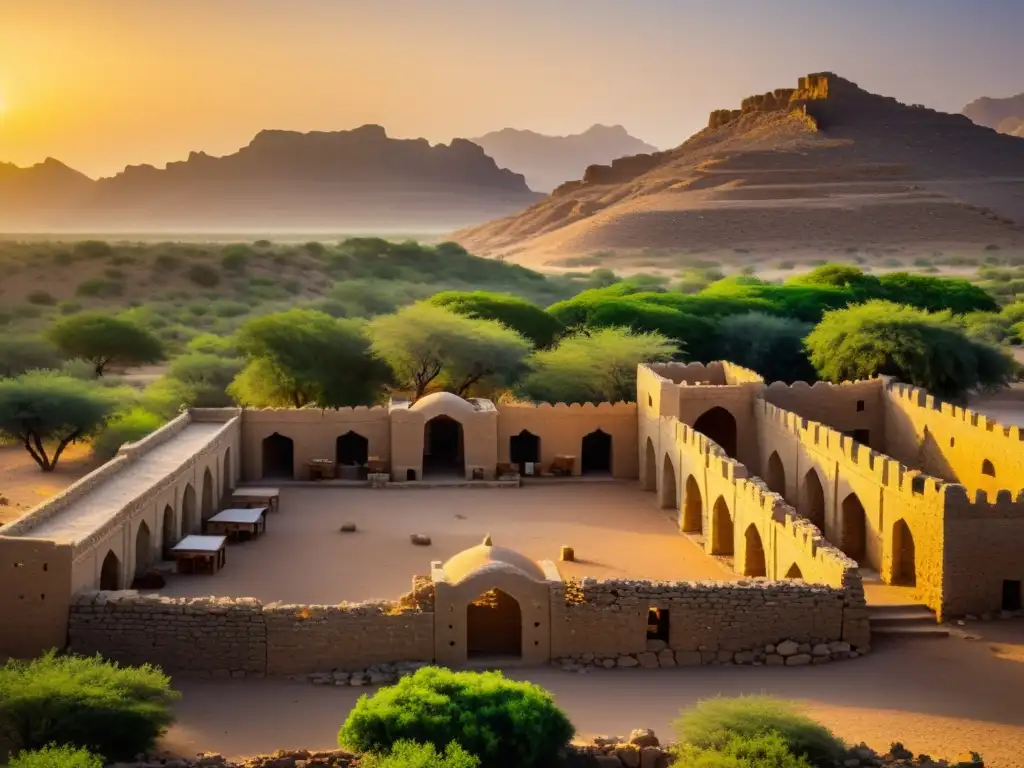 Explorando la Ruta del Incienso en Omán: Ruinas antiguas bañadas por la cálida luz del atardecer, con camellos en la distancia