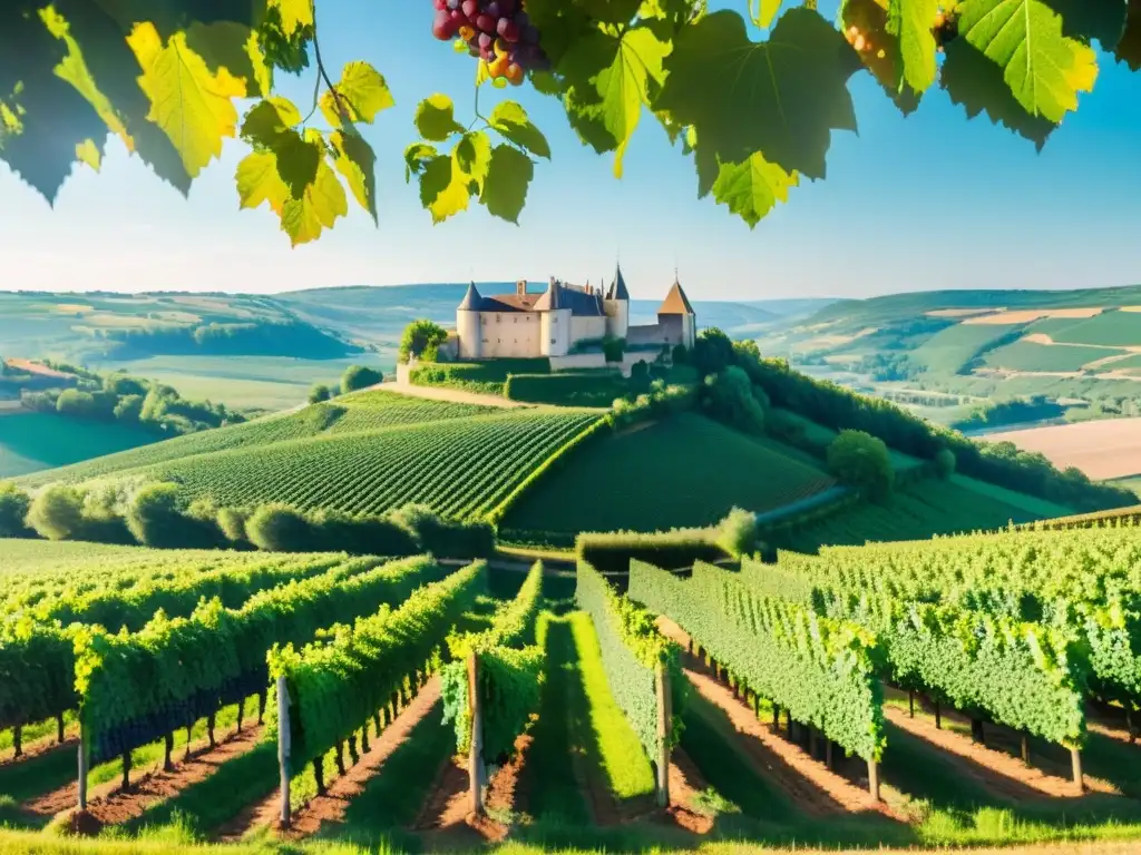 Rutas enológicas campiña francesa diversidad: Vibrantes viñedos verdes en la región vinícola de Borgoña, con un castillo histórico al fondo