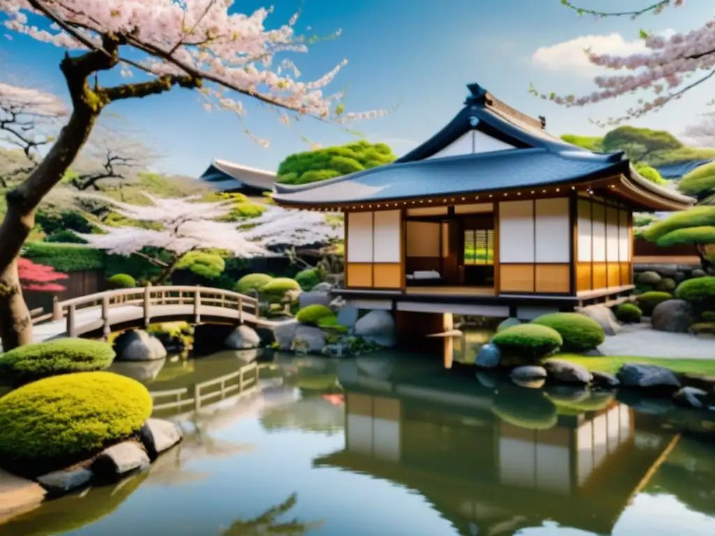 Un ryokan japonés tradicional rodeado de cerezos en flor, con un puente de madera sobre un estanque sereno