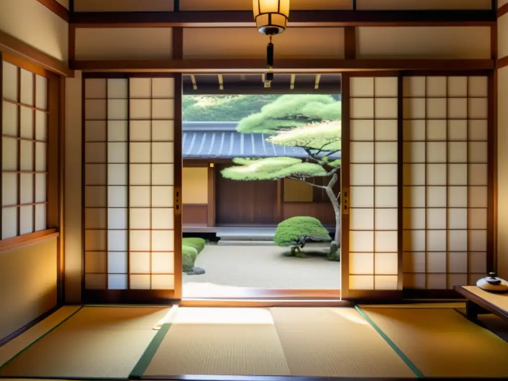 Un Ryokan tradicional en Kyoto con arquitectura de madera, jardín de rocas y atmósfera serena