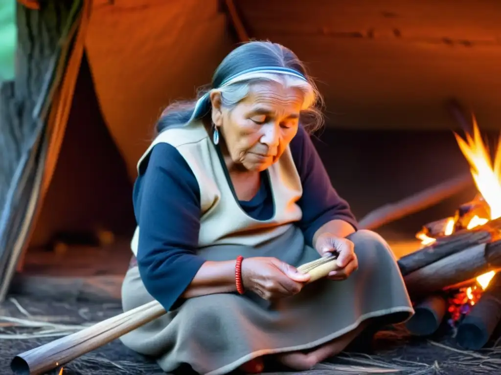 Una sabia mujer Lenape teje un cinturón wampum junto a una fogata, transmitiendo rituales y tradiciones del idioma Lenape a niños atentos en el bosque