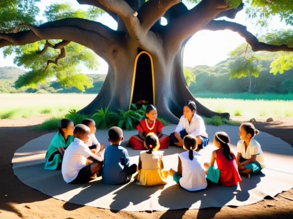 Un sabio anciano enseña a niños indígenas bajo un árbol