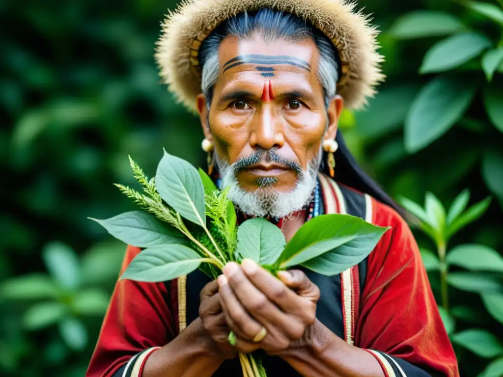 Un sabio chamán indígena sostiene con cuidado un manojo de hierbas medicinales, mostrando su profundo conocimiento de la medicina natural indígena tradicional