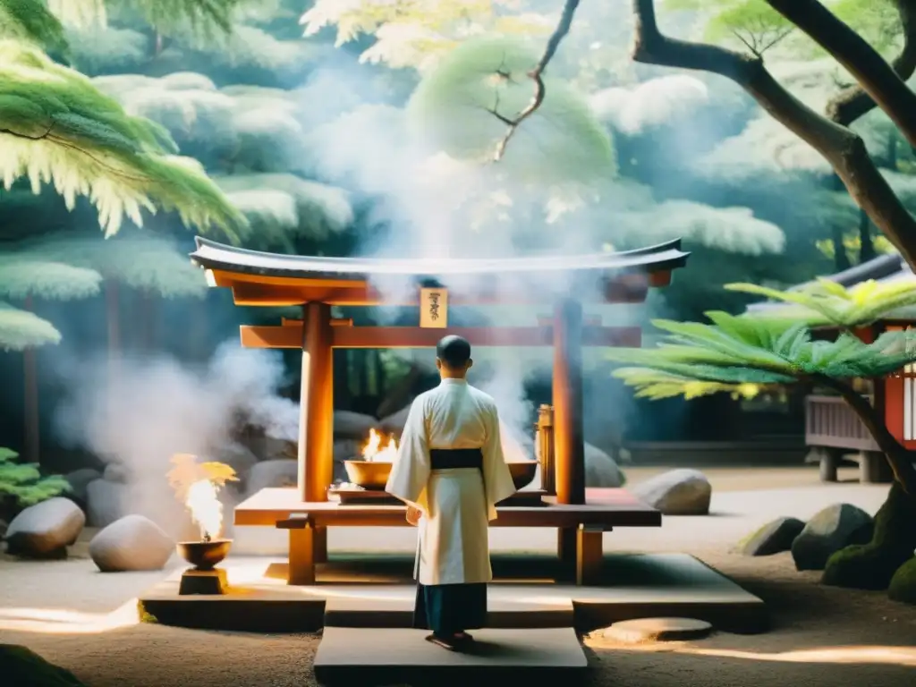 Un sacerdote realiza un ritual de purificación Shinto en un santuario boscoso, transmitiendo serenidad y tradición