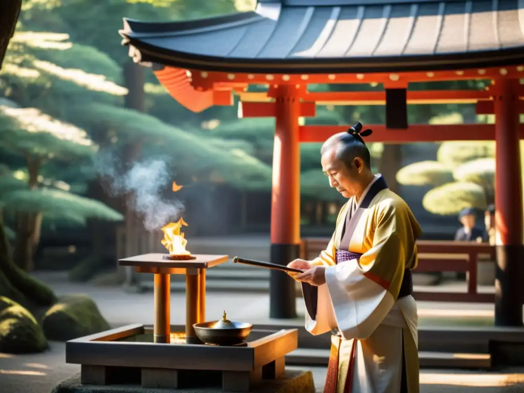 Un sacerdote Shinto realiza un ritual de purificación en un santuario japonés, con el significado simbólico de los ritos de purificación Shinto