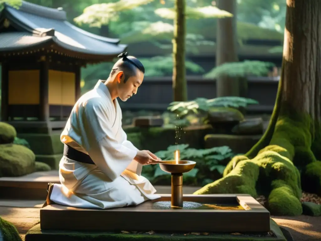 Un sacerdote Shinto realiza un ritual de purificación en un santuario cubierto de musgo en el bosque