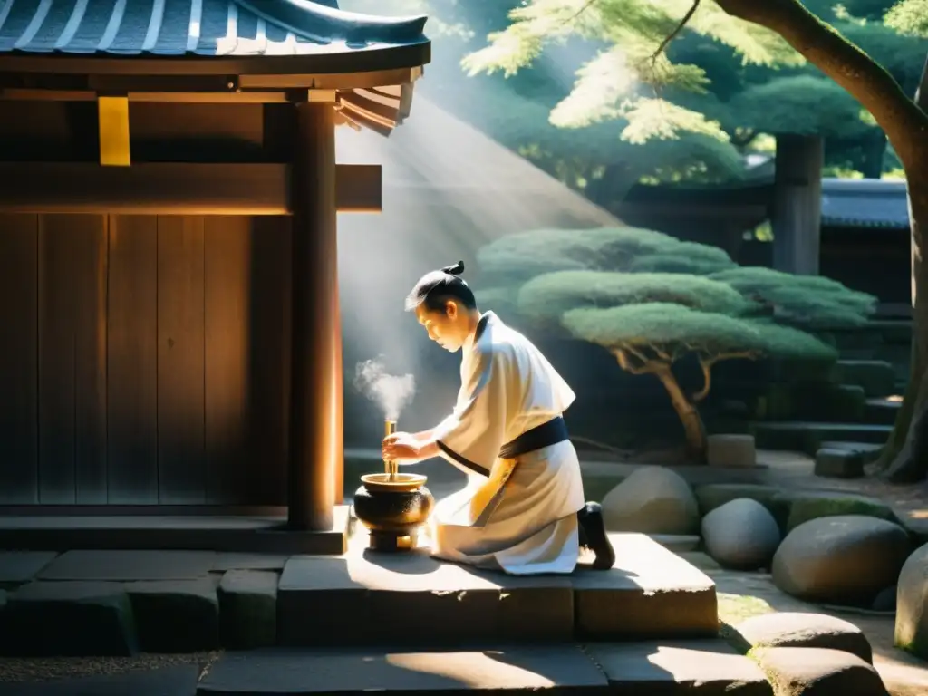 Un sacerdote sintoísta en un ritual de purificación en un santuario antiguo de Japón, conservando rituales ancestrales