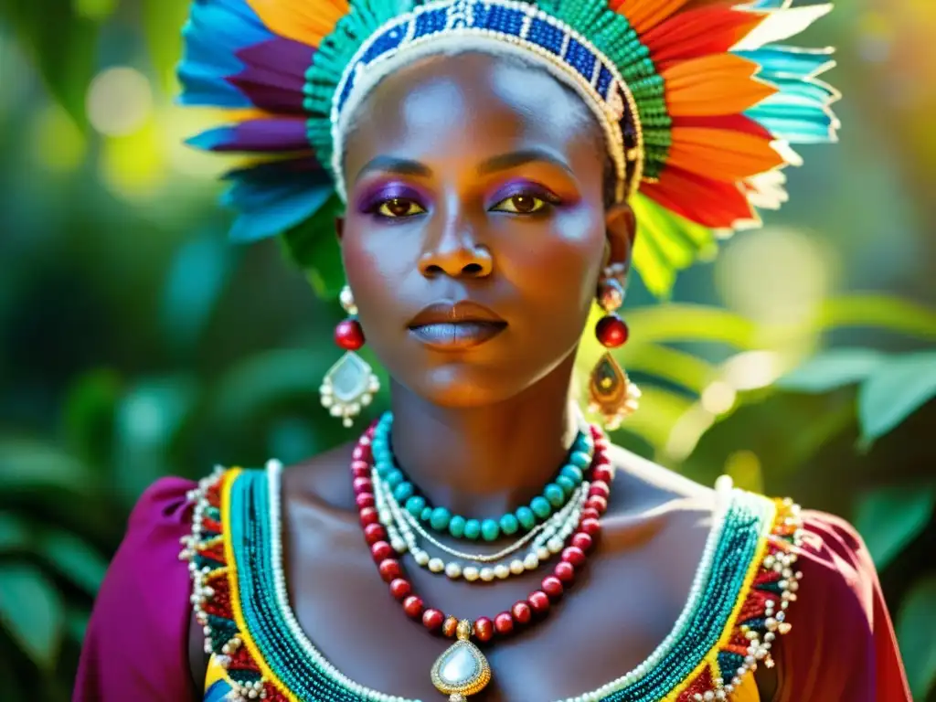 Una sacerdotisa vudú haitiana viste trajes ceremoniales con simbolismo y colores vibrantes, enmarcada por exuberante vegetación