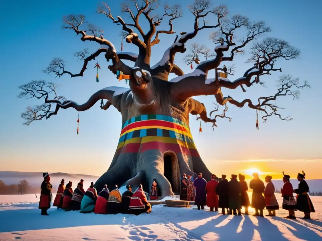 Veneración árbol sagrado Siberia: Ceremonia indígena al atardecer, rostros pintados, ofrendas y árbol ancestral imponente