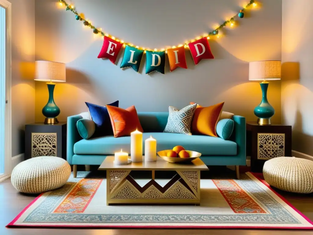 Salón Eid: Decoración vibrante y festiva Decoración para el Eid: Sala de estar festivamente decorada con luces, patrones islámicos y una mesa de postres tradicionales