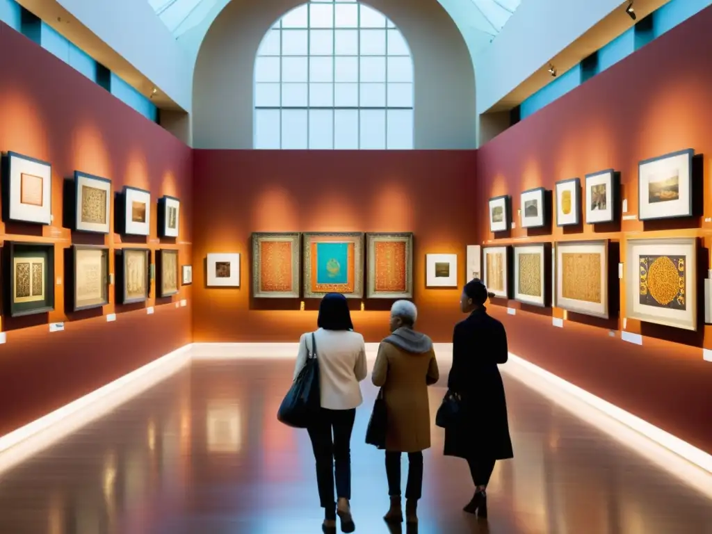 Una sala llena de arte étnico en exposiciones históricas, bañada en cálida luz natural, con visitantes admirando las obras con respeto y admiración