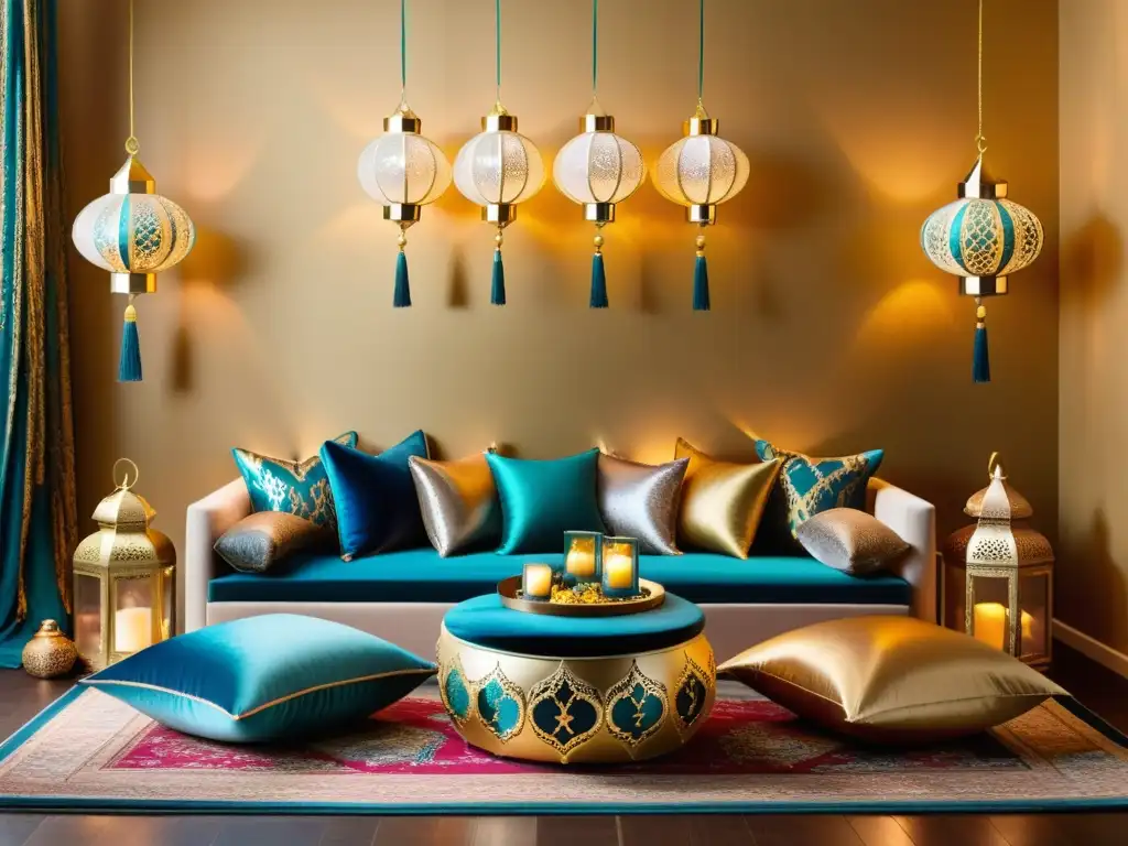 Suntuoso salón decorado para Eid con tonos de joya y luz dorada Decoración para el Eid en sala lujosa con decoración vibrante y ambiente festivo de celebración