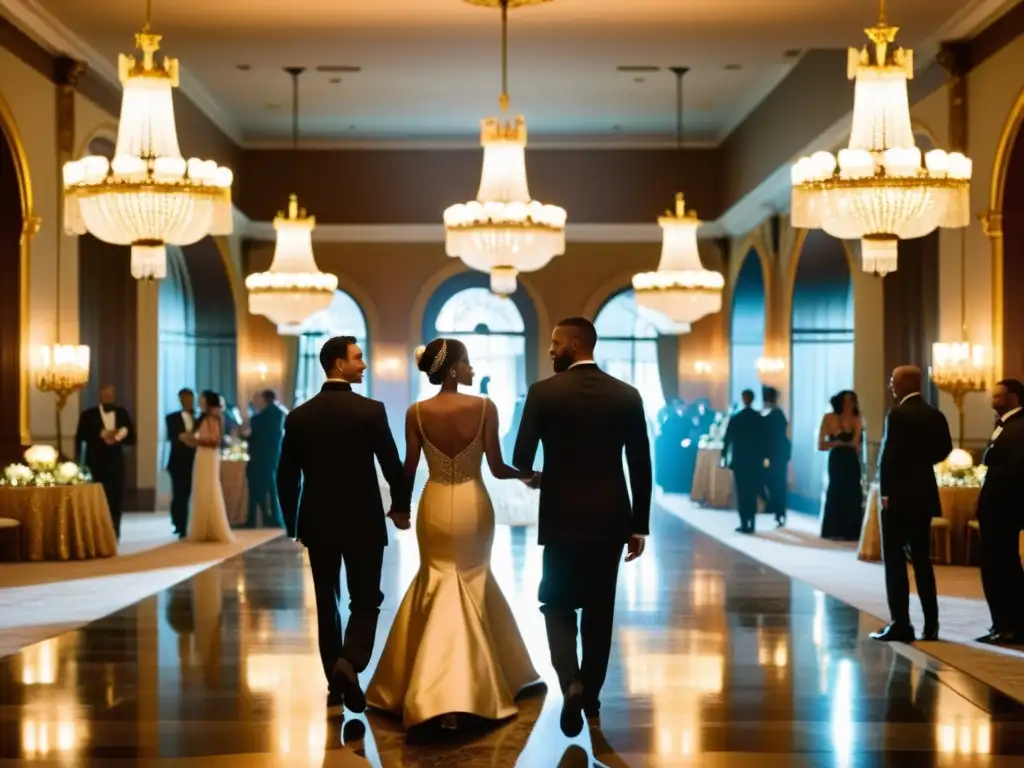 Salón de baile opulento en un hotel de lujo histórico, con detalles dorados y un suelo de mármol pulido que refleja la cálida luz de los candelabros