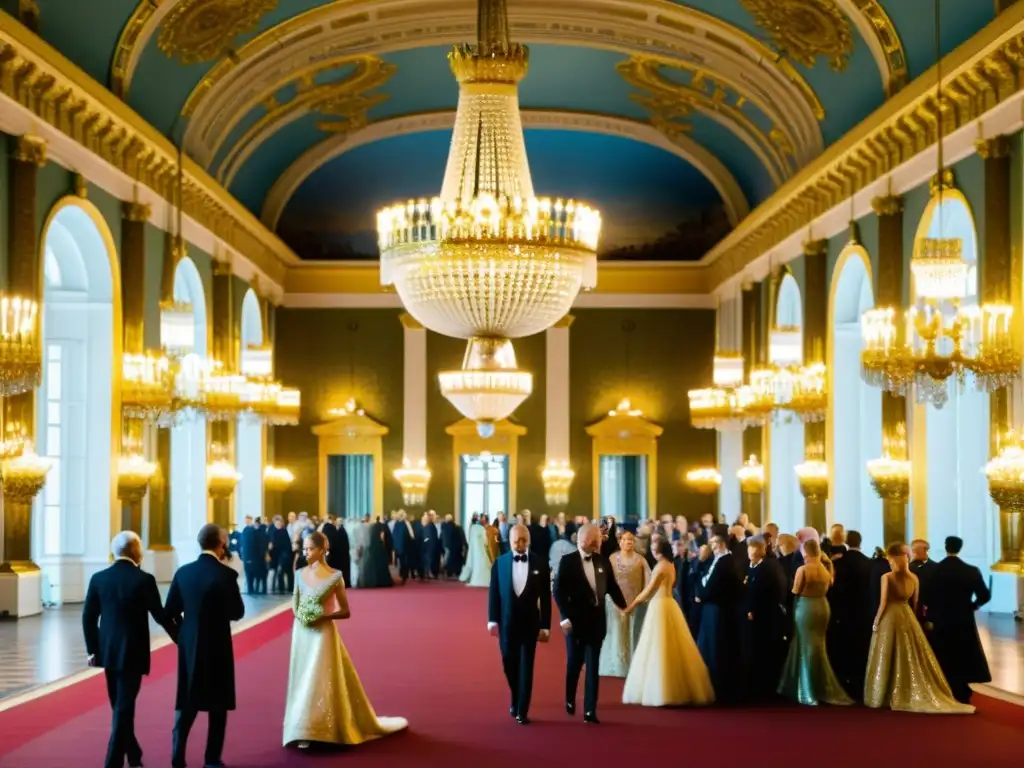 Salón de baile opulento en el Palacio de Invierno de San Petersburgo, reflejando las Tradiciones de la Rusia Zarista con elegancia y lujo