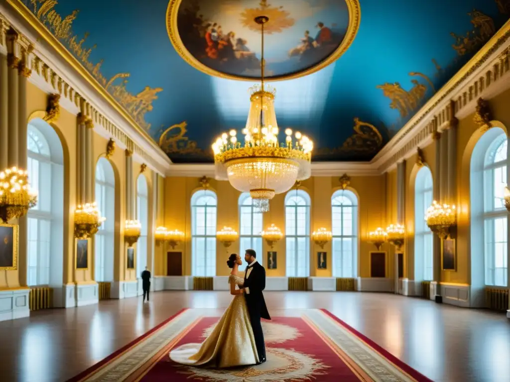 Salón de baile en el Palacio de Invierno con nobles vestidos elegantemente, música en vivo y opulencia que refleja las tradiciones de la Rusia Zarista