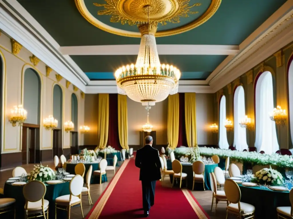 Salón de baile en un palacio ruso histórico, con decoración opulenta y elegantes bailarines, evocando las Tradiciones de la Rusia Zarista