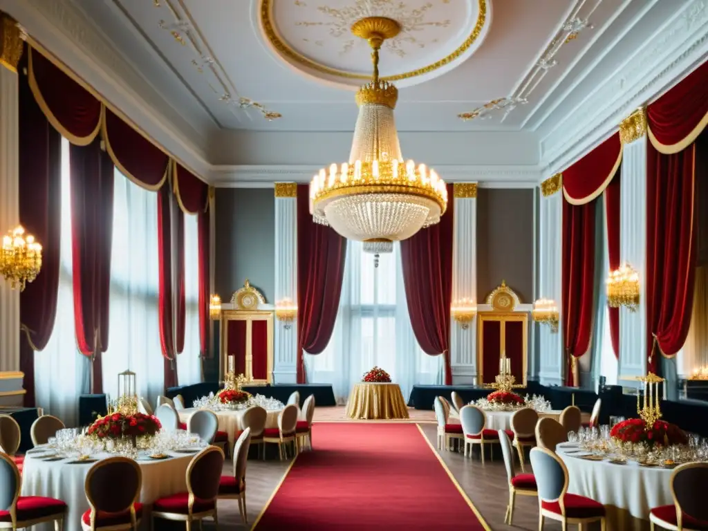 Un salón de baile en un palacio ruso, con lujosos detalles dorados y plateados, cortinas de terciopelo rojo y aristócratas elegantemente vestidos disfrutando de la música y la conversación