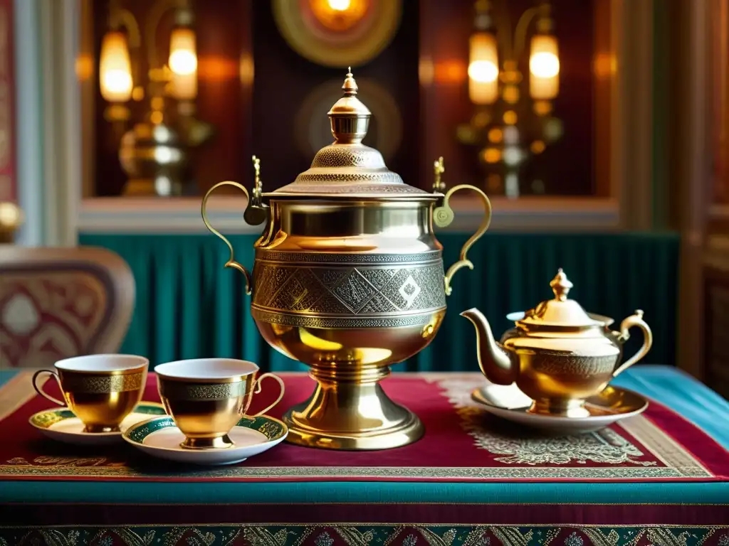 Un samovar ruso reluciente destaca en un acogedor salón de té, rodeado de gente animada y tazas delicadas