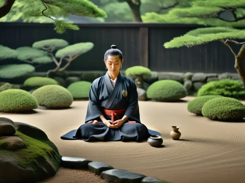 Un samurái en meditación en un jardín Zen, reflejando la influencia del budismo Zen en el código guerrero samurái