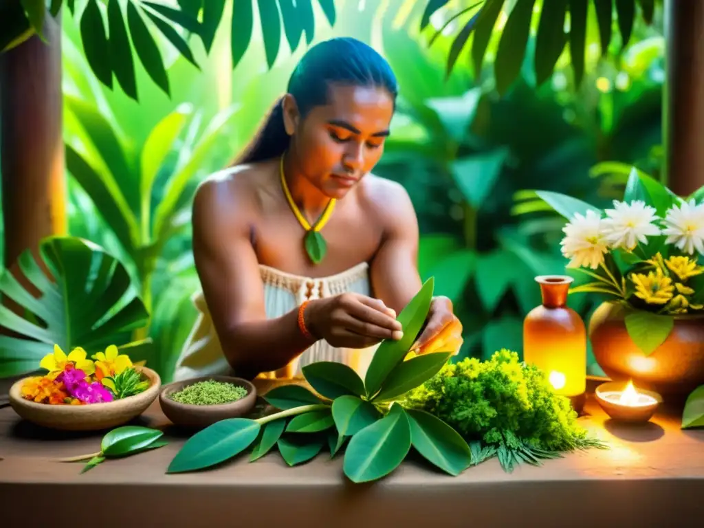 Un sanador tradicional polinesio prepara una poción medicinal con hierbas y plantas, rodeado de exuberante vegetación y flores coloridas