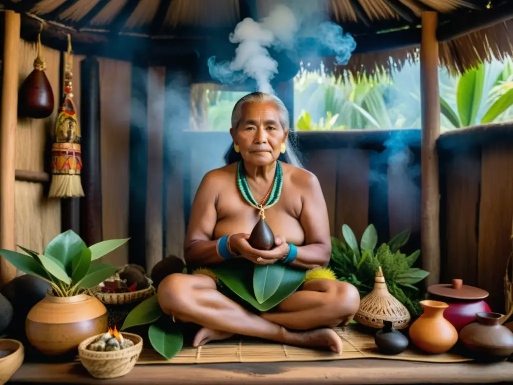 Sanadora Micronesia realiza ritual con hierbas en cabaña iluminada por velas