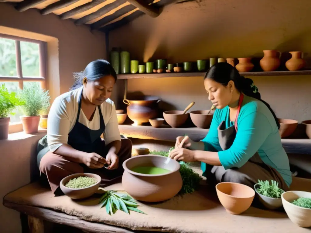 Sanadores indígenas preparando medicina tradicional a través de la gastronomía en una cocina rústica, rodeados de hierbas y raíces coloridas