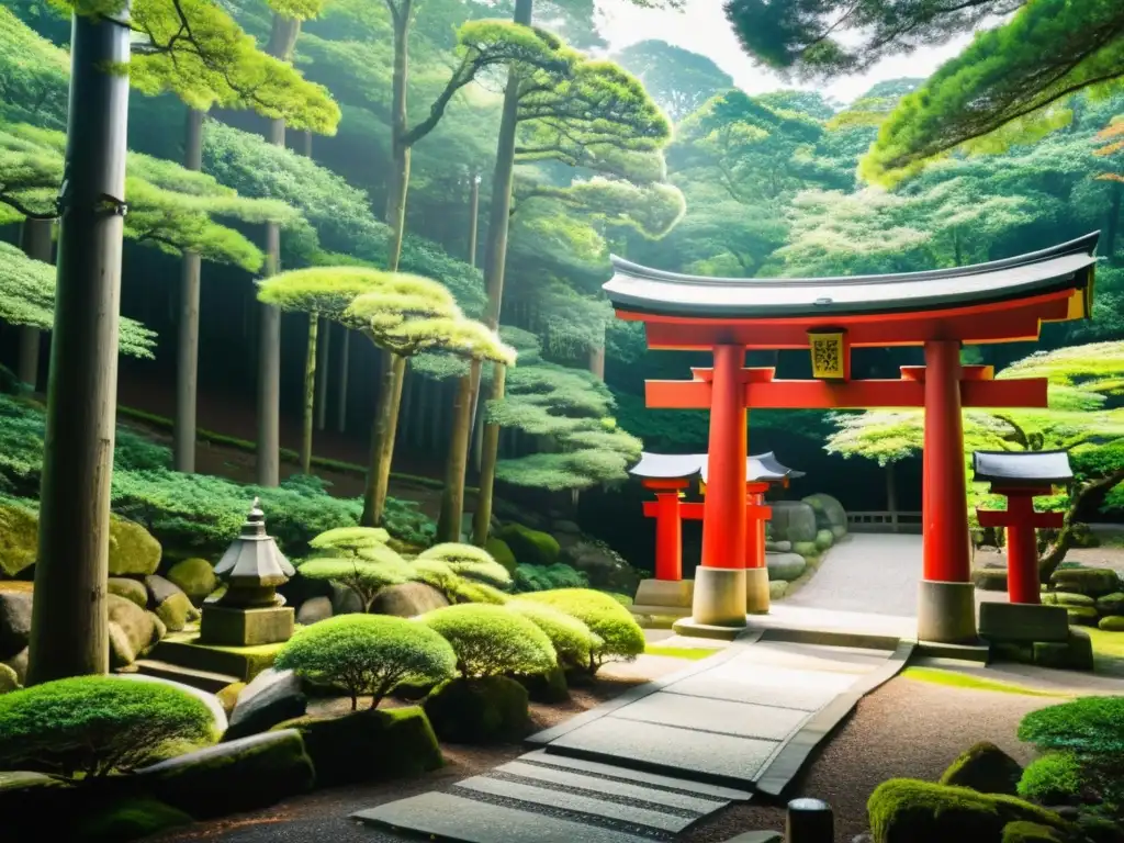 Un santuario japonés tradicional se encuentra en un bosque sereno, con puertas torii rojas y luz filtrándose a través de la frondosa vegetación