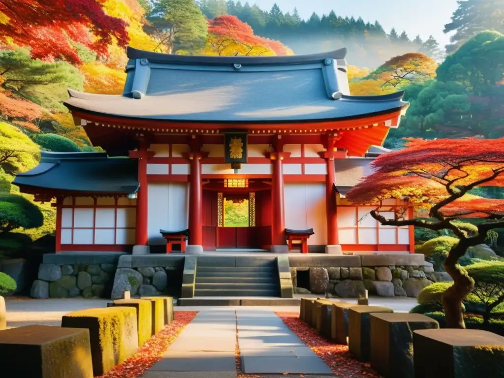 Un santuario tradicional japonés en medio de un bosque otoñal, con visitantes en atuendo tradicional ofreciendo oraciones