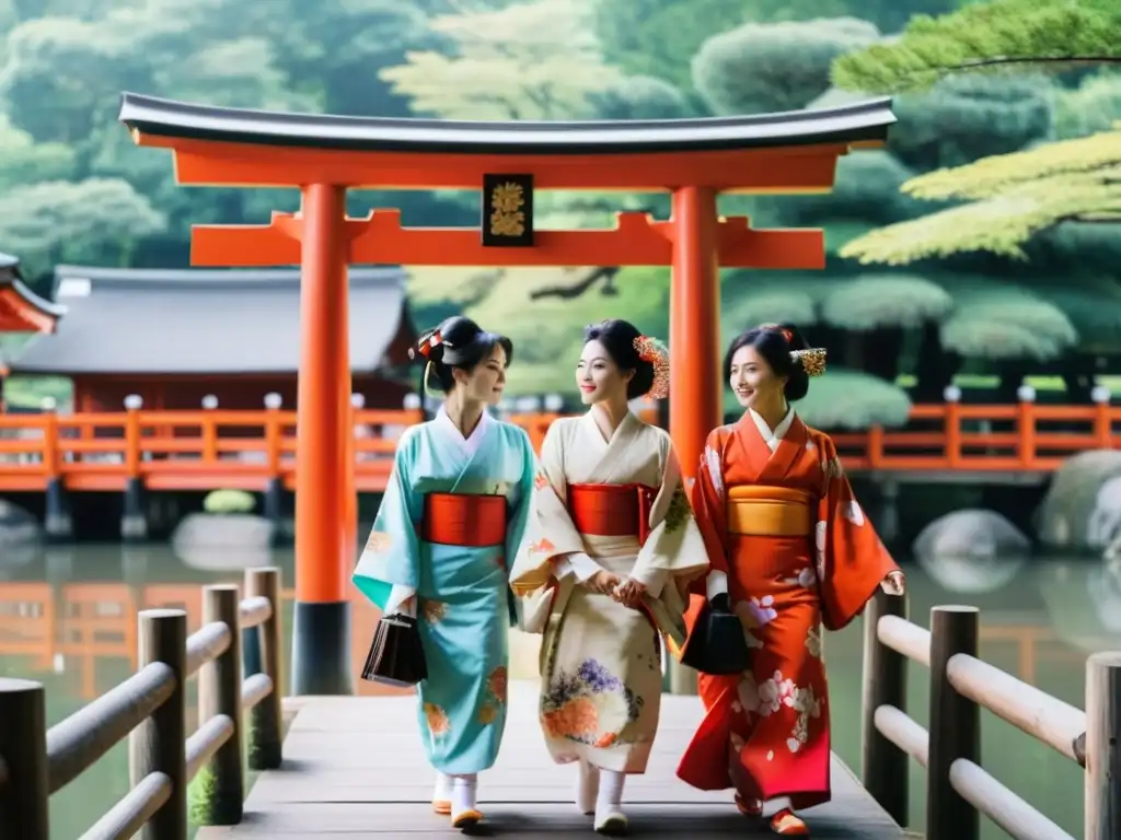 Santuarios y geishas en Kyoto: Geishas elegantes paseando por un puente de madera sobre un estanque, con los torii rojos de Fushimi Inari al fondo