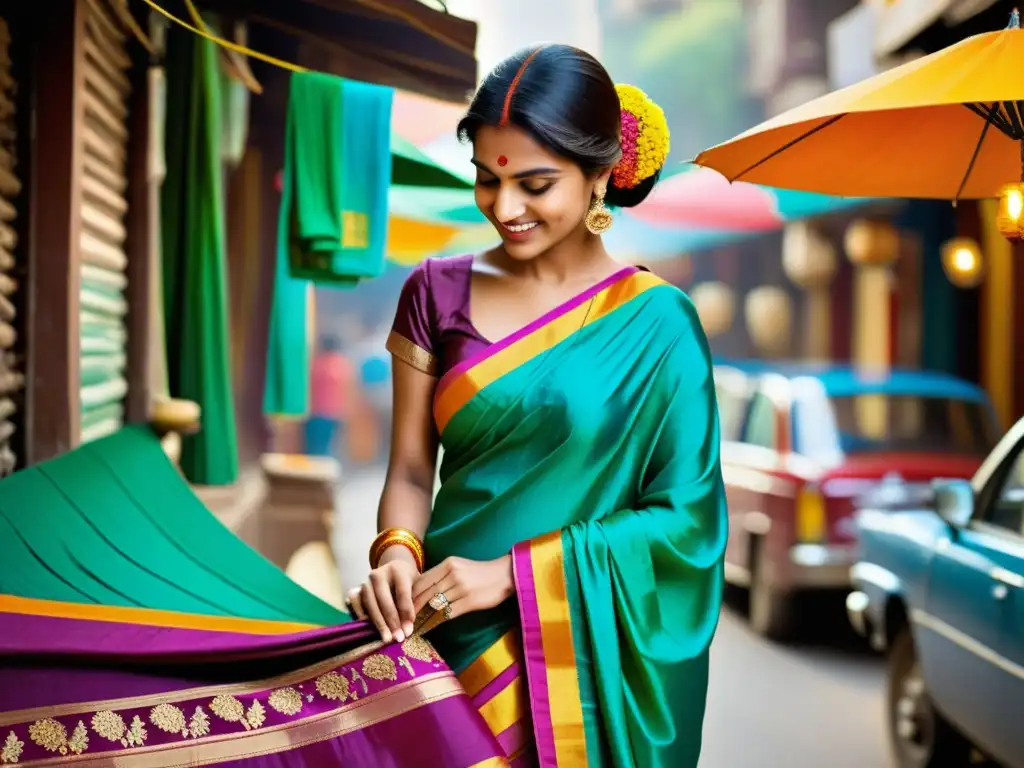 Una sari tradicional indio con bordados intrincados y colores vibrantes, en contraste con las bulliciosas calles de Mumbai o Delhi, fusionando la artesanía tradicional con la vida urbana moderna