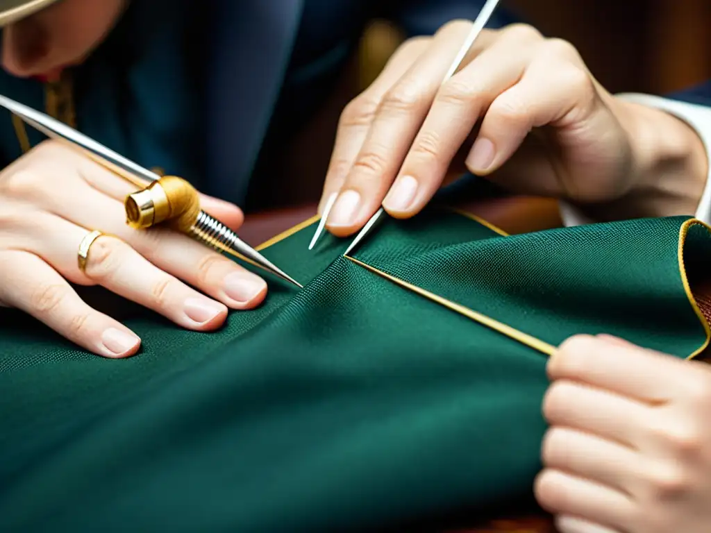 Artesanía ancestral: manos expertas cosiendo con precisión Un sastre experto realiza meticulosamente técnicas ancestrales alta costura, mostrando la artesanía y precisión en cada puntada
