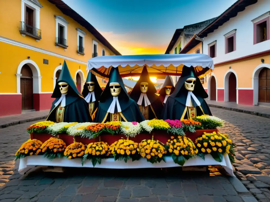 Procesión de Semana Santa en Antigua Guatemala: figuras encapuchadas llevan un gran paso adornado con flores y simbolismo religioso bajo la cálida luz del atardecer, evocando los antiguos ritos de Semana Santa en Antigua Guatemala