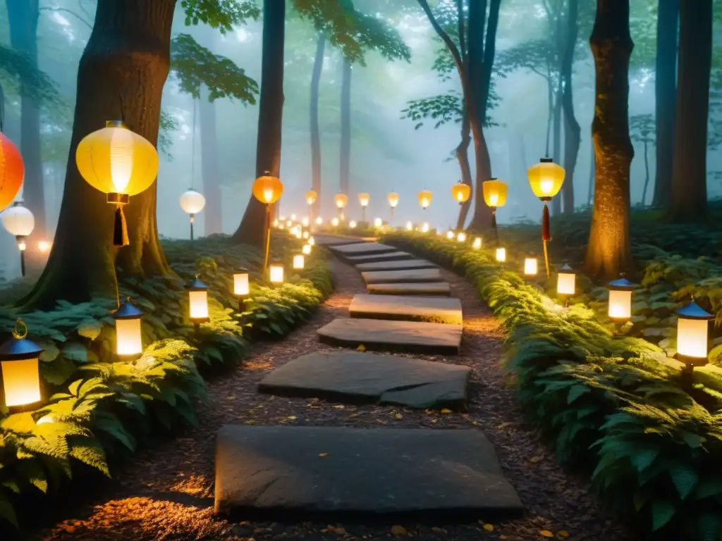 Un sendero de piedra iluminado por cientos de linternas de colores en un bosque encantado durante el Festival Mitama Japón atractivo espectral