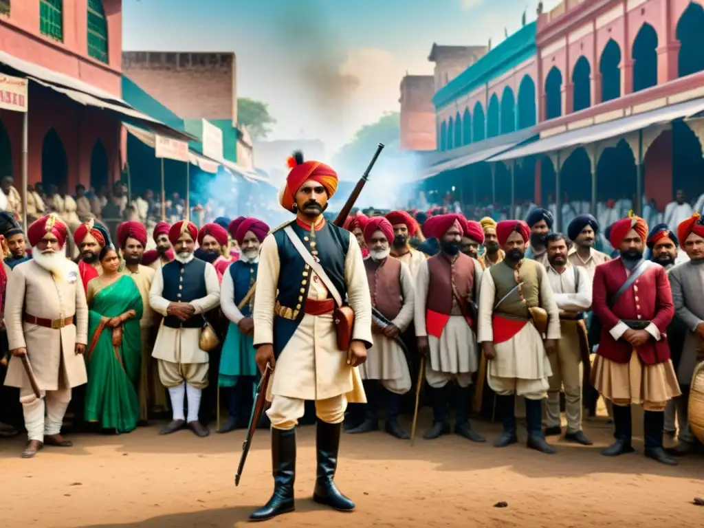 Sepoy indio con mosquete en mercado colonial, evocando la Rebelión de 1857 India impacto histórico