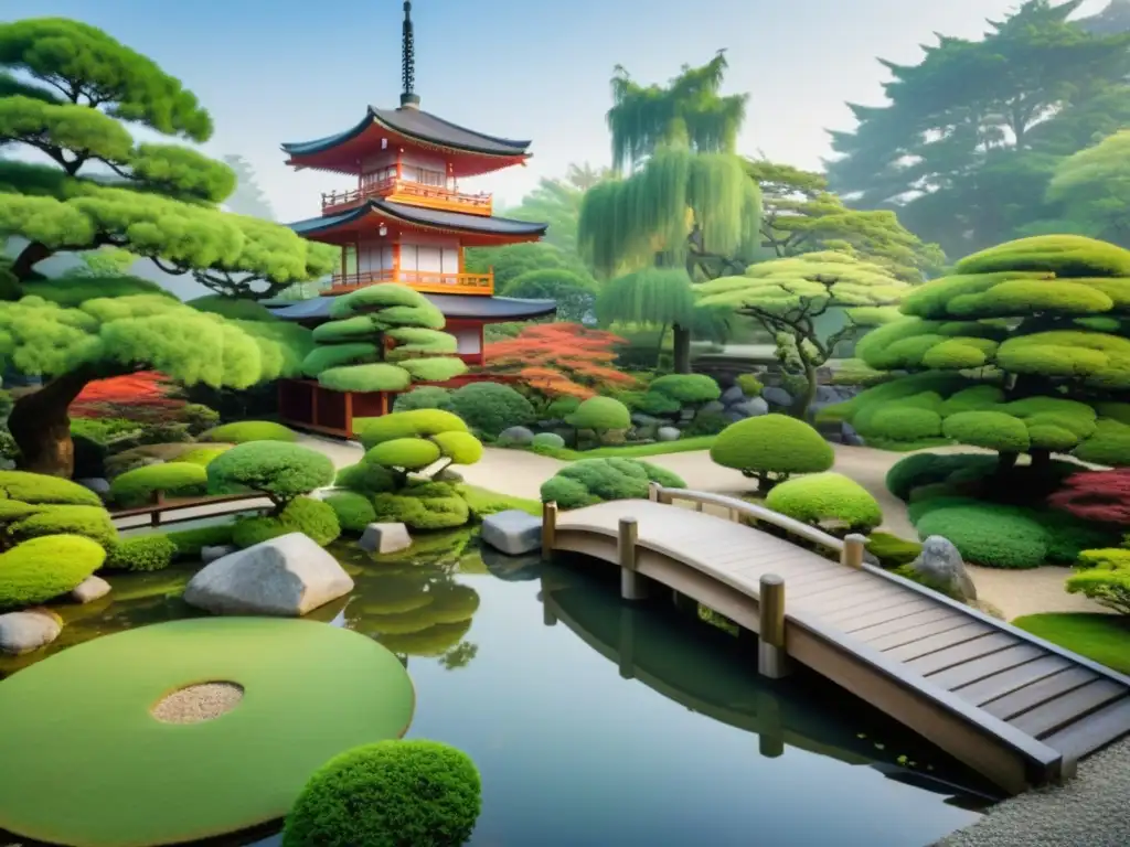 Jardín japonés sereno con simbolismo del folklore japonés budista y atmósfera de tranquilidad y paz