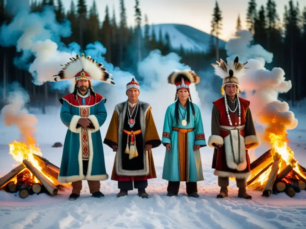 Shamans en Festival de los Muertos en Siberia, realizando antiguo ritual alrededor de la hoguera en el bosque nevado