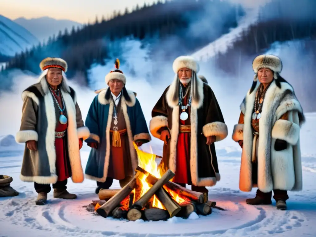 Shamans siberianos ancianos realizando ritual con vestimenta tradicional y símbolos antiguos en la nieve