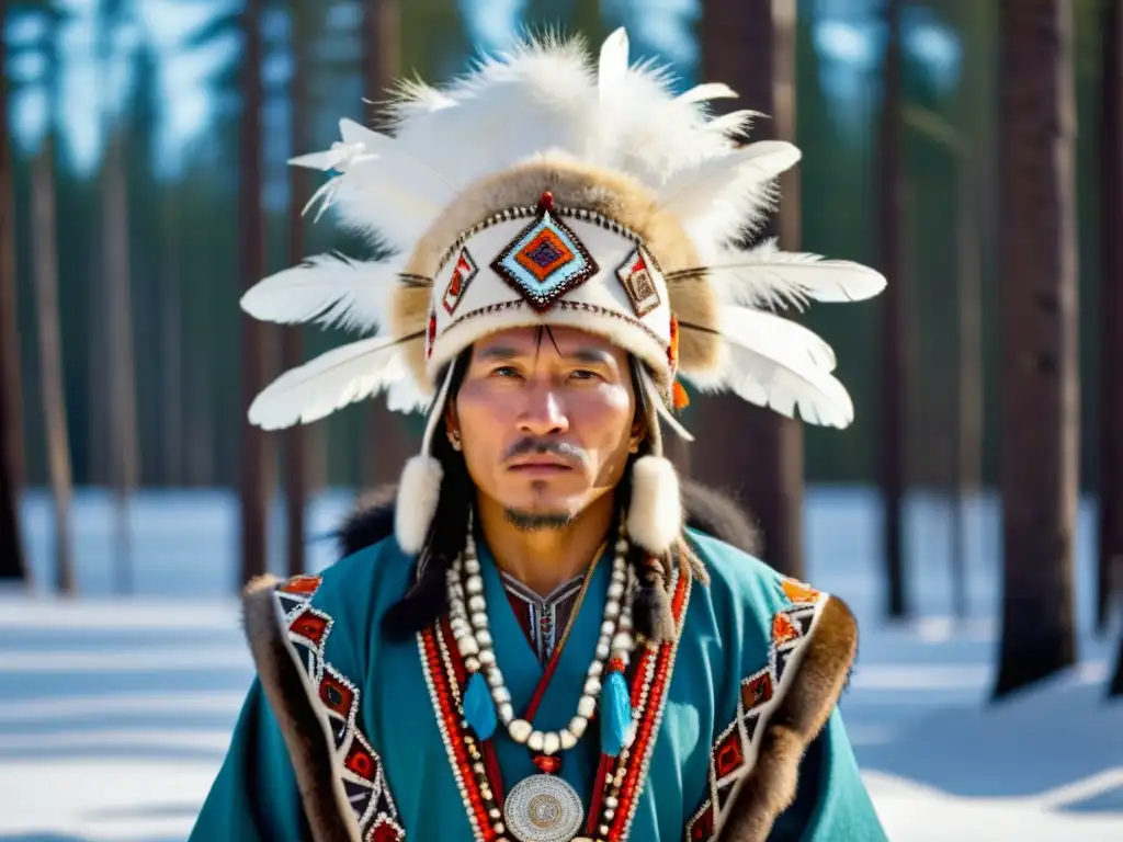 Chamán siberiano en el bosque nevado, ataviado con indumentaria ceremonial tradicional, exudando sabiduría espiritual y conexión con la naturaleza