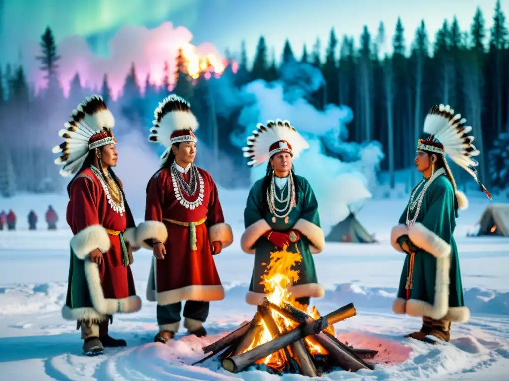 Shamans siberianos realizan ritual alrededor de fogata en bosque nevado, con auroras boreales