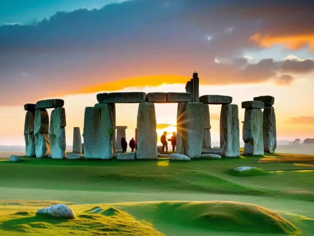 Silueta de Stonehenge al atardecer, arqueólogos excavando en misterioso pasado neolítico