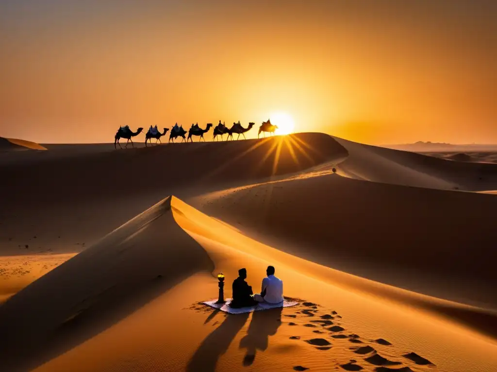 Silueta de personas celebrando el Ramadán en el Sahara al atardecer, con una atmósfera serena y dorada