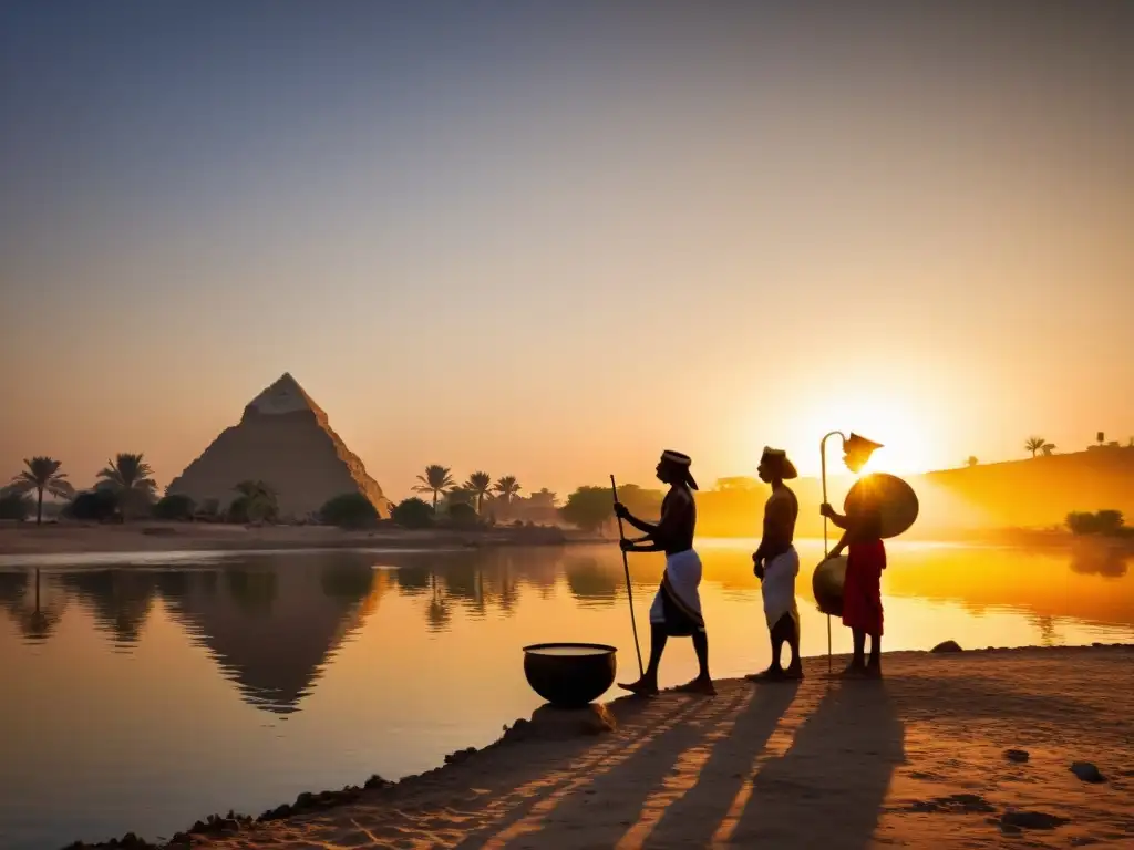 Siluetas de locales egipcios realizando rituales tradicionales celebrados en Egipto al atardecer junto al río Nilo, con ruinas de templos al fondo