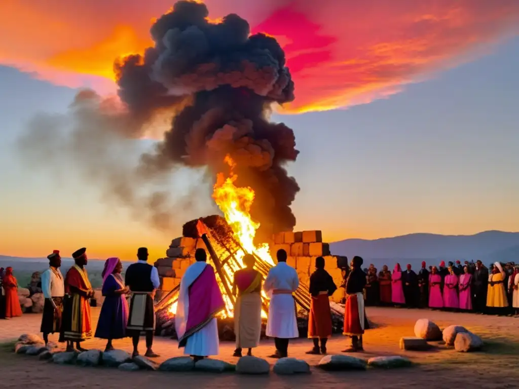 Celebración del solsticio de verano con vestimenta tradicional alrededor de la fogata en Stonehenge al atardecer