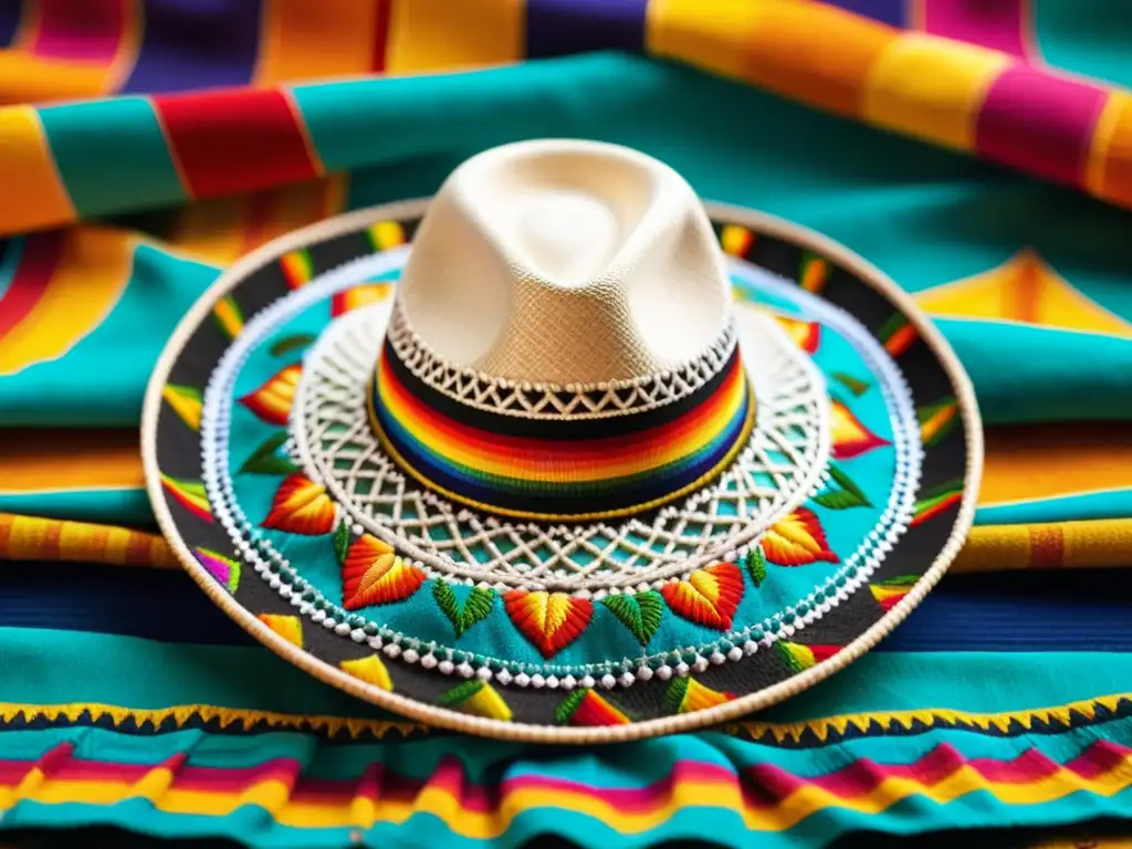 Sombrero mexicano tradicional ricamente bordado con motivos simbólicos, sobre textiles coloridos, mostrando la significación cultural de los tocados mexicanos