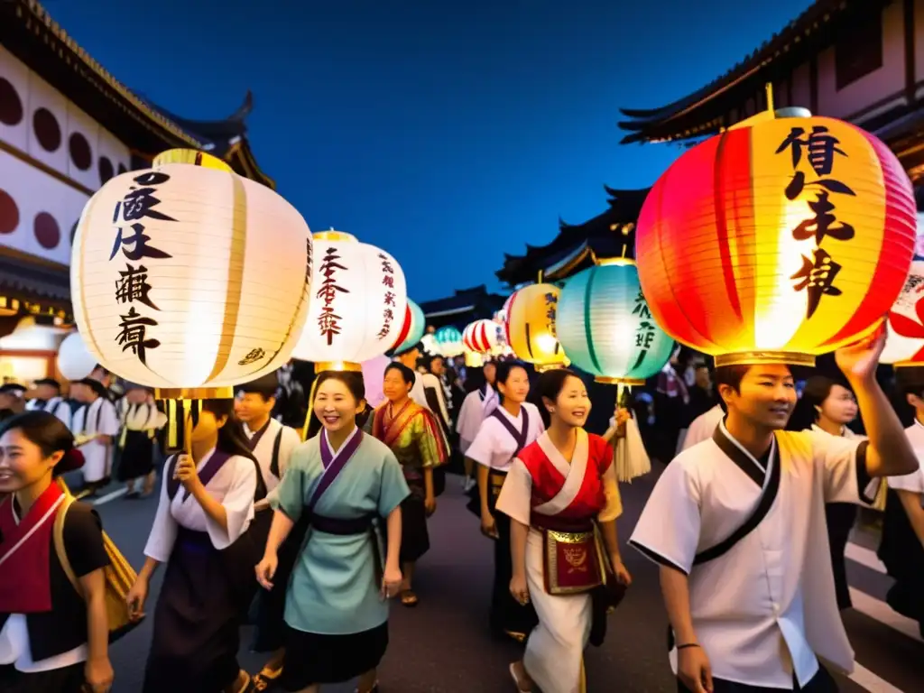 El suave resplandor de las linternas ilumina la procesión luminosa Oeshiki Nichiren, creando una atmósfera espiritual y mágica en las calles nocturnas