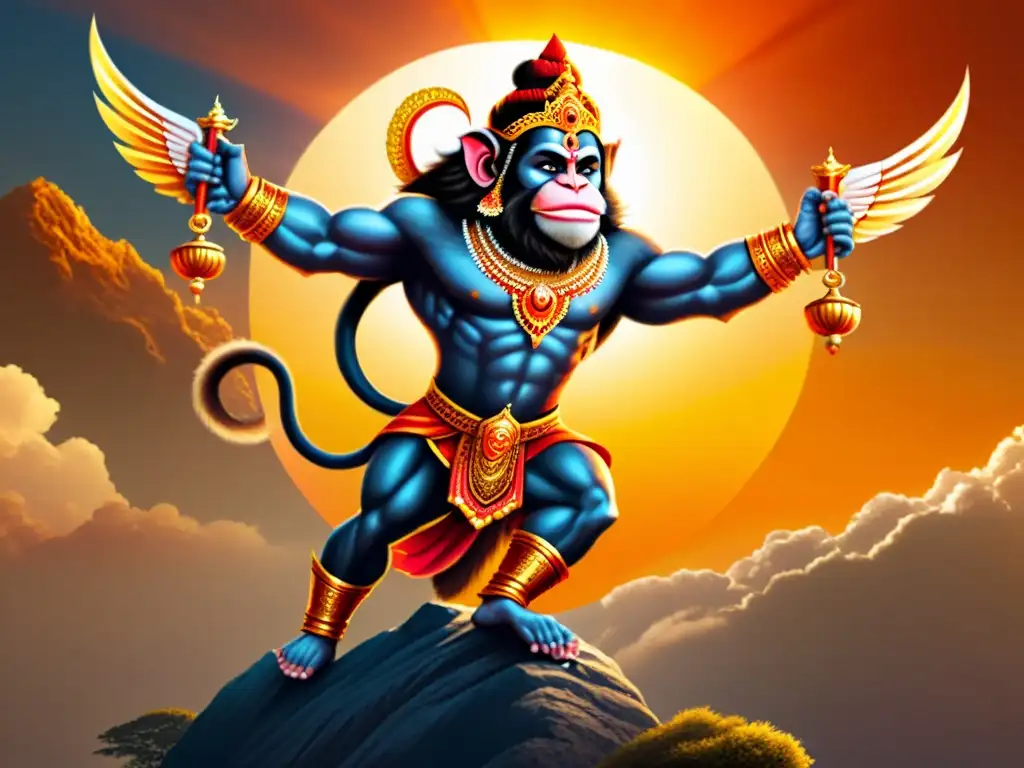 Sundarakanda: Hanuman, el poderoso dios mono, vuela con determinación al atardecer, transmitiendo una impresionante escena del Ramayana