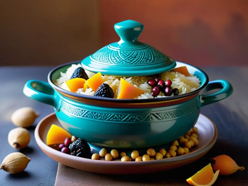 Un tajine marroquí decorado con ingredientes coloridos y aromáticos, evocando los sabores islámicos del norte de África