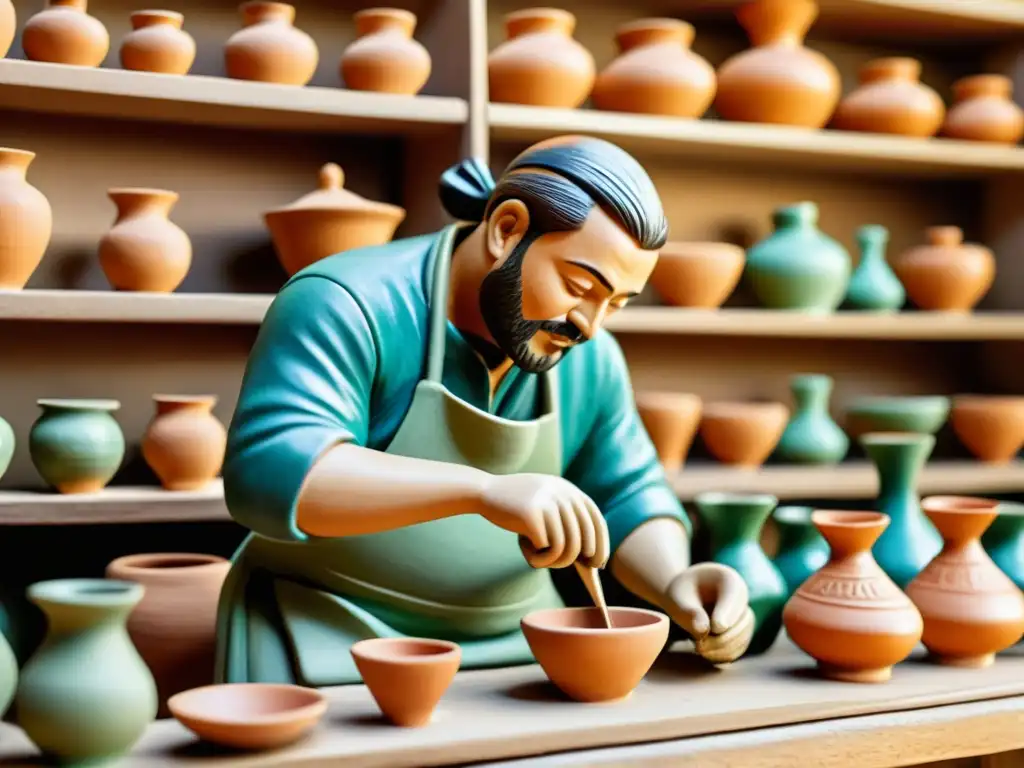 Artesano en taller de cerámica esculpiendo figurilla folklórica Taller de cerámica figurativa tradicional con artesano esculpiendo una detallada figurilla de barro, rodeado de coloridas piezas y herramientas