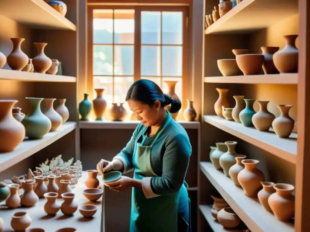 Taller de cerámica: artesanía y tradición folclórica Taller de cerámica figurativa tradicional: Artesanos crean figurillas de barro con diseños folclóricos, en un taller lleno de creatividad y tradición