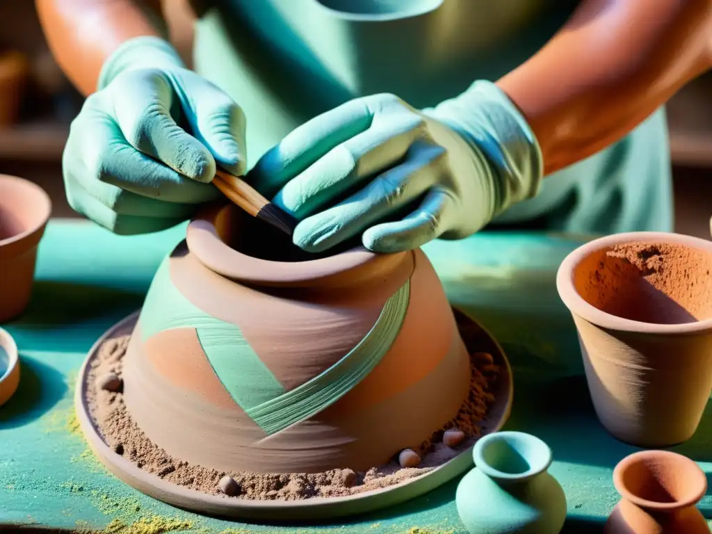 Artesano moldeando una escultura de cerámica Taller de cerámica figurativa tradicional: Un artesano moldea una escultura de cerámica rodeado de herramientas y materiales coloridos